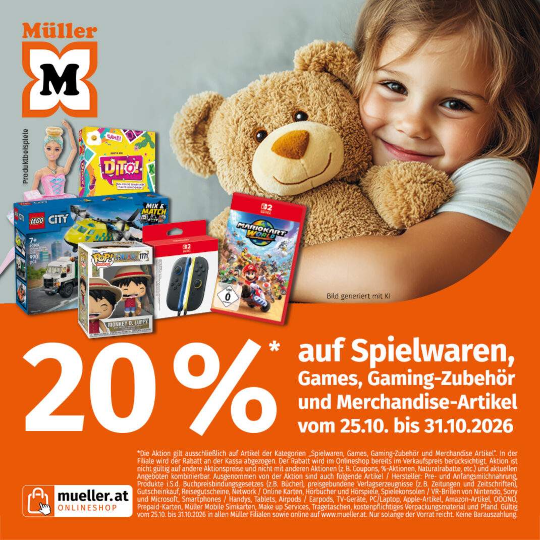 Werbebanner von Müller mit 20 % Rabatt auf Spielwaren, Games, Gaming-Zubehör und Merchandise-Artikel vom 25.10. bis 31.10.2026. Links sind ein Mädchen mit einem Teddybären und verschiedene Spielzeuge abgebildet, rechts stehen die Aktionsdetails auf orangem Hintergrund.