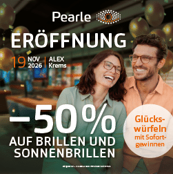 Werbebanner zur Eröffnung von Pearle im ALEX Krems mit 50 % Rabatt auf Brillen und Sonnenbrillen am 19. November 2026 sowie einem Gewinnspiel mit Glückswürfeln und Sofortgewinnen.
